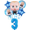 Blue star-shaped balloons and a number three balloon with baby figures for a party decoration set