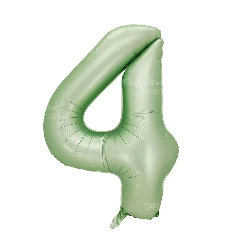 A large foil number four balloon in a light green color.