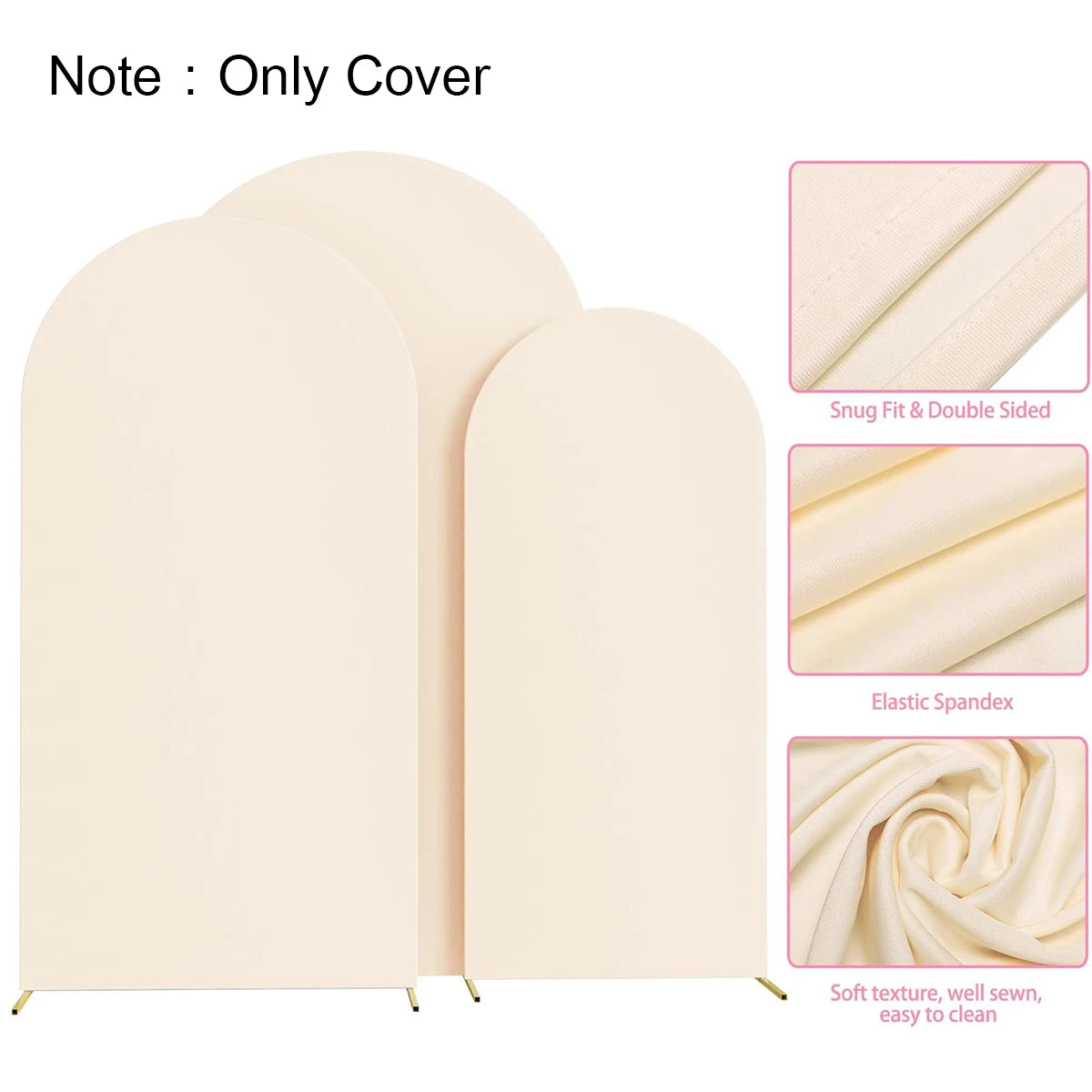Light beige arch stand backdrop with close-ups showing fabric texture and stitching details