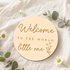 A round wooden sign with cursive text that reads Welcome to the world little one resting on a white fabric surrounded by gree