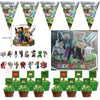 A set of Minecraft-themed party supplies including flag pulling cake toppers and tableware