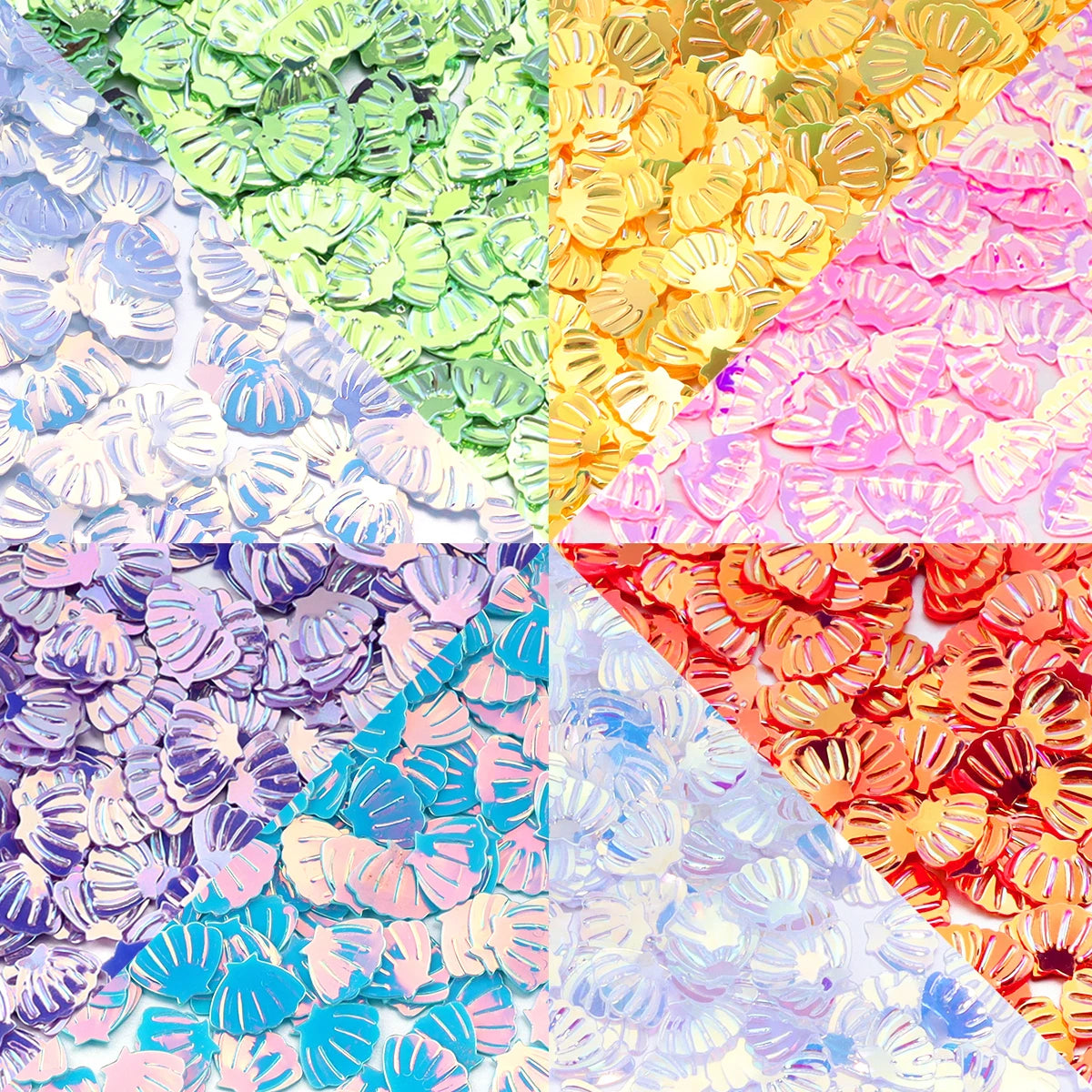 A mosaic of colorful sea shell PVC sequins in various shades including green, yellow, pink, and blue.