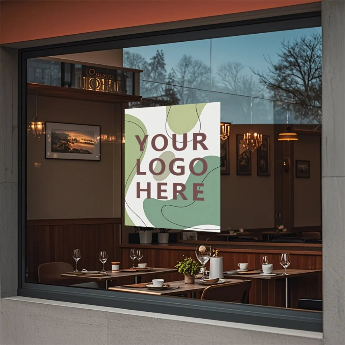 A window view of a modern interior with a large poster print displaying the text Your Logo Here.