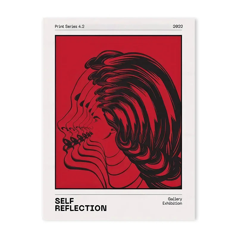 A print titled Self Reflection featuring a profile silhouette in black and red on a white background.
