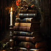 A stack of old leather-bound books sits on a wooden surface next to a lit candle, surrounded by dark foliage and dramatic lig