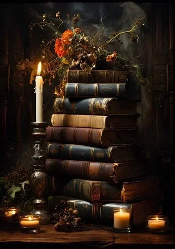 A stack of old leather-bound books sits on a wooden surface next to a lit candle, surrounded by dark foliage and dramatic lig