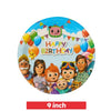 A colorful plate with a birthday theme featuring characters and balloons for a party kit.