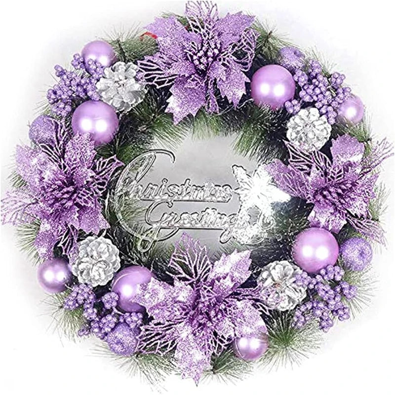 A wreath of purple and white silk artificial Christmas flowers with gold sparkle finish