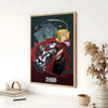 Anime poster featuring a character in armor and flowing red fabric against a dark background.