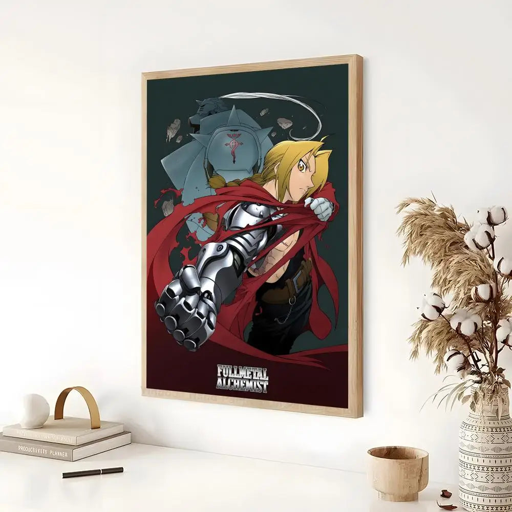 Anime poster featuring a character in armor and flowing red fabric against a dark background.
