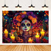 A vibrant Day of the Dead fiesta photo backdrop featuring a colorful floral skull design with deep jewel tones and warm light