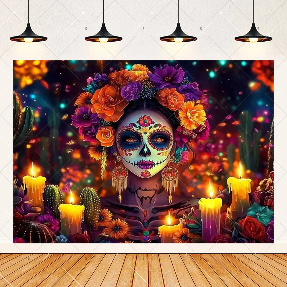 A vibrant Day of the Dead fiesta photo backdrop featuring a colorful floral skull design with deep jewel tones and warm light