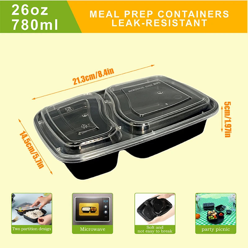 Black leak-resistant meal prep containers with lids shown in various angles and context.