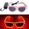 Pair of red light up EL wire party glasses with a black power pack and wire.