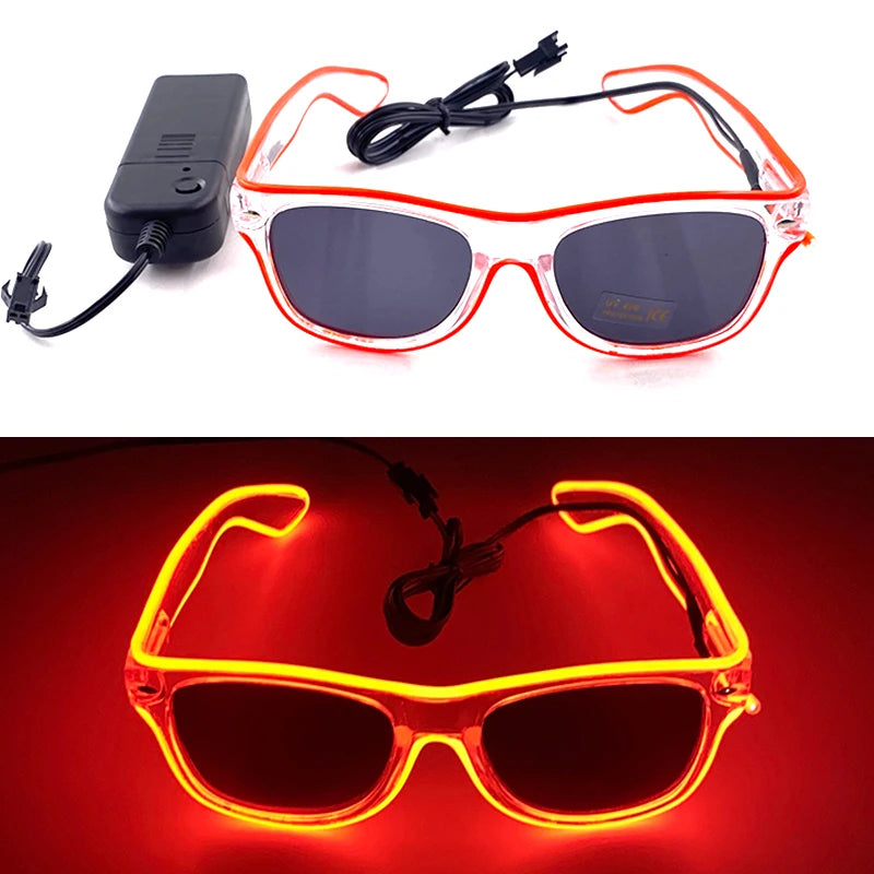 Pair of red light up EL wire party glasses with a black power pack and wire.