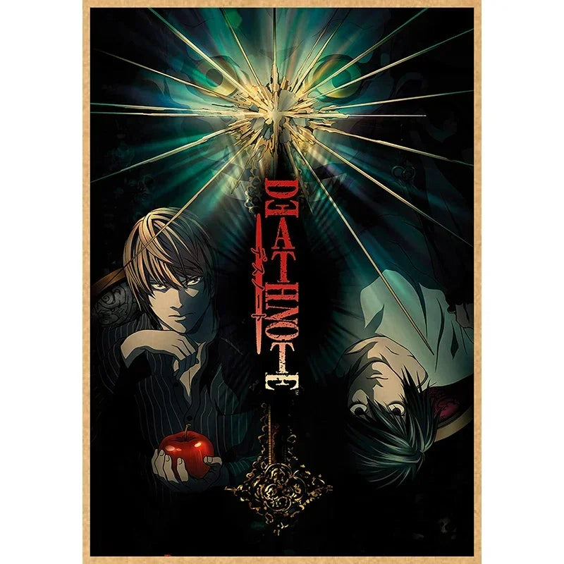 A dramatic anime illustration featuring a character and the Death Note title with bright light rays.