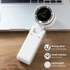 A white foldable mini handheld fan is shown resting on a wooden surface.