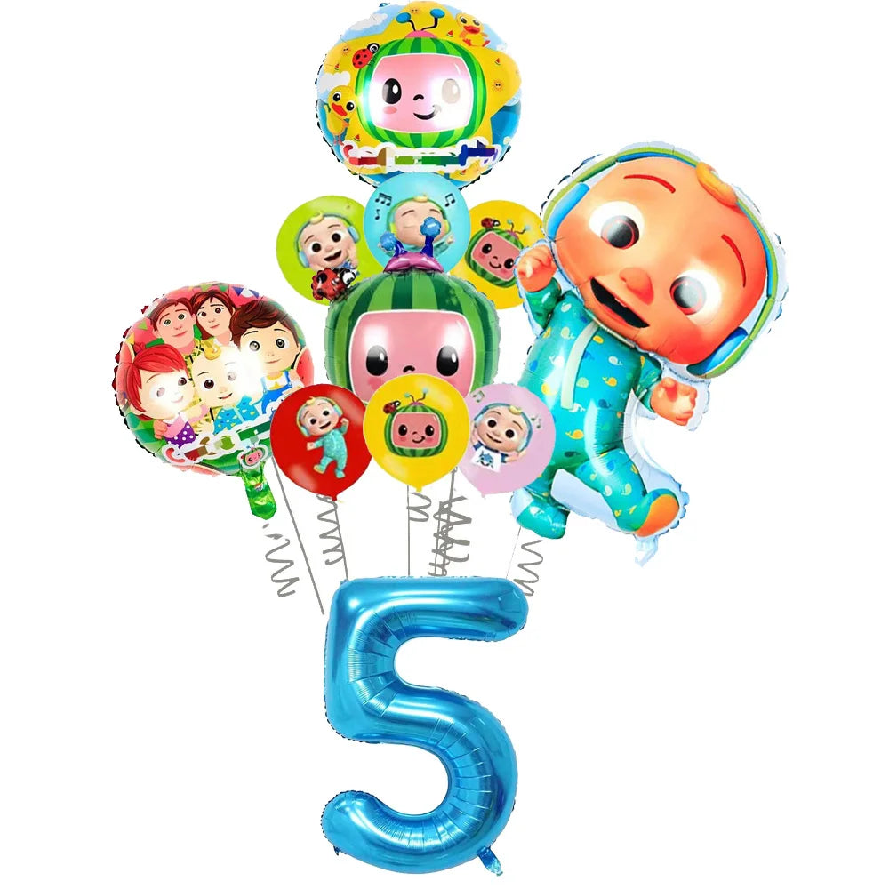 A set of colorful cartoon Cocomelon watermelon foil balloons and a blue number five balloon.