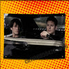 A photo of actor Jared Padalecki in a car, framed by a red polka-dot background.