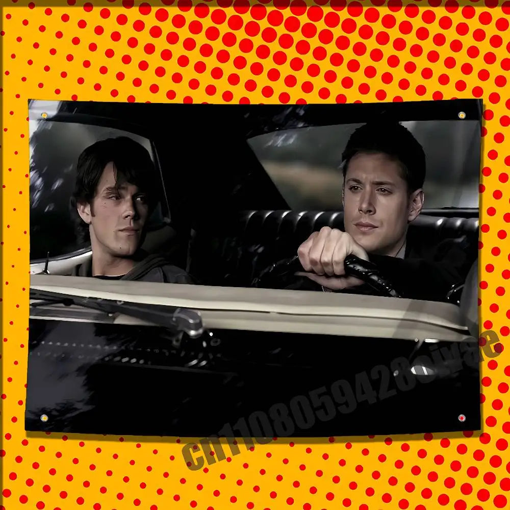A photo of actor Jared Padalecki in a car, framed by a red polka-dot background.