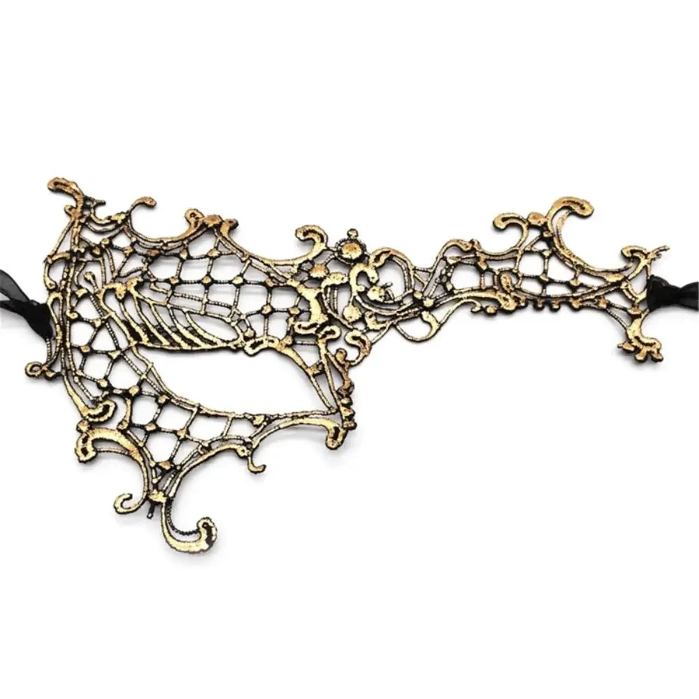 An intricate gold-colored lace masquerade mask with an ornate, antique design.