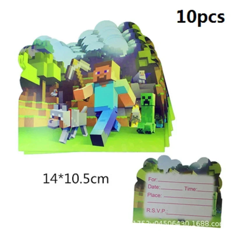 A set of 10 Minecraft-themed party supplies including figures and a flag pulling cake topper