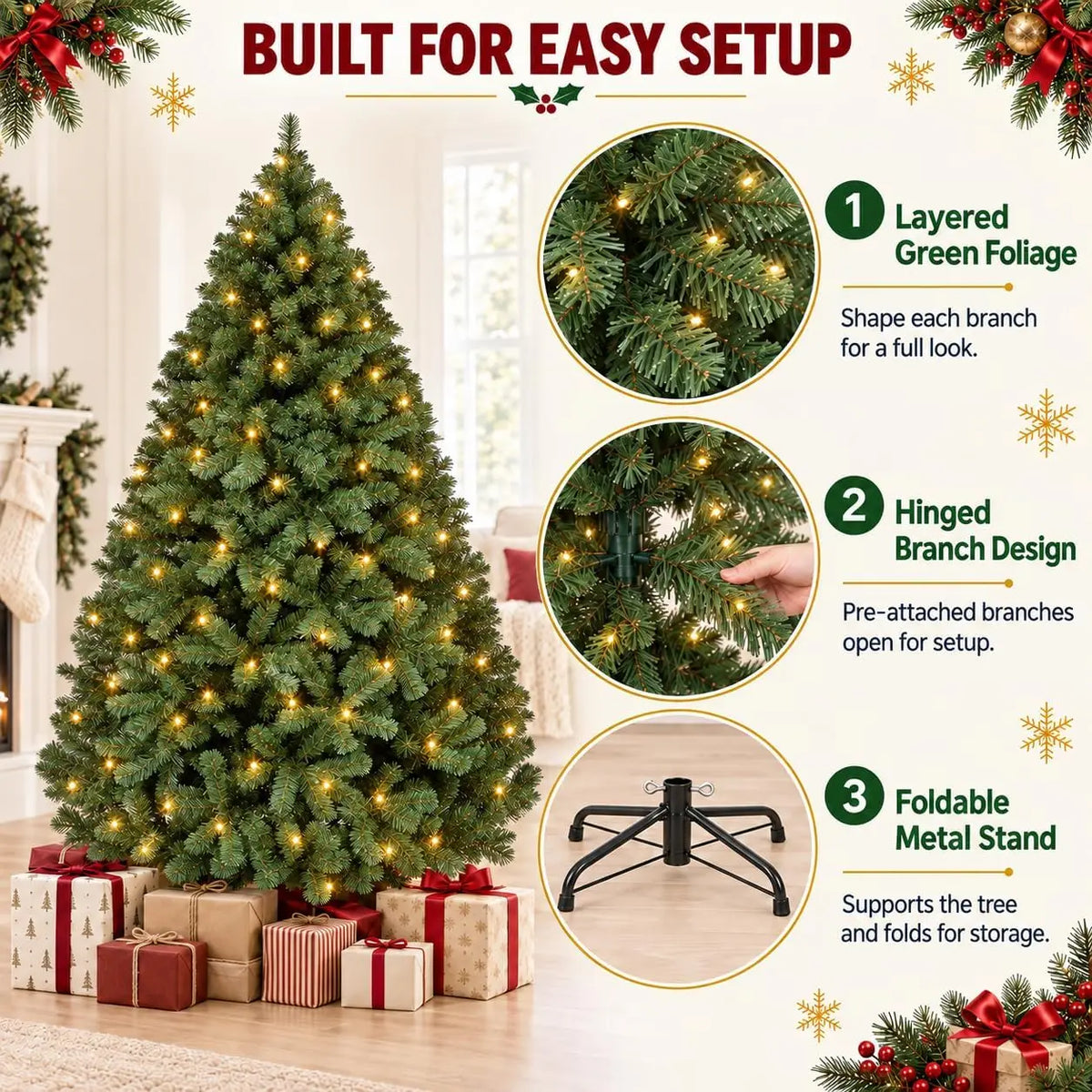 A fully decorated artificial Christmas tree with green foliage and warm white lights, surrounded by wrapped gifts.