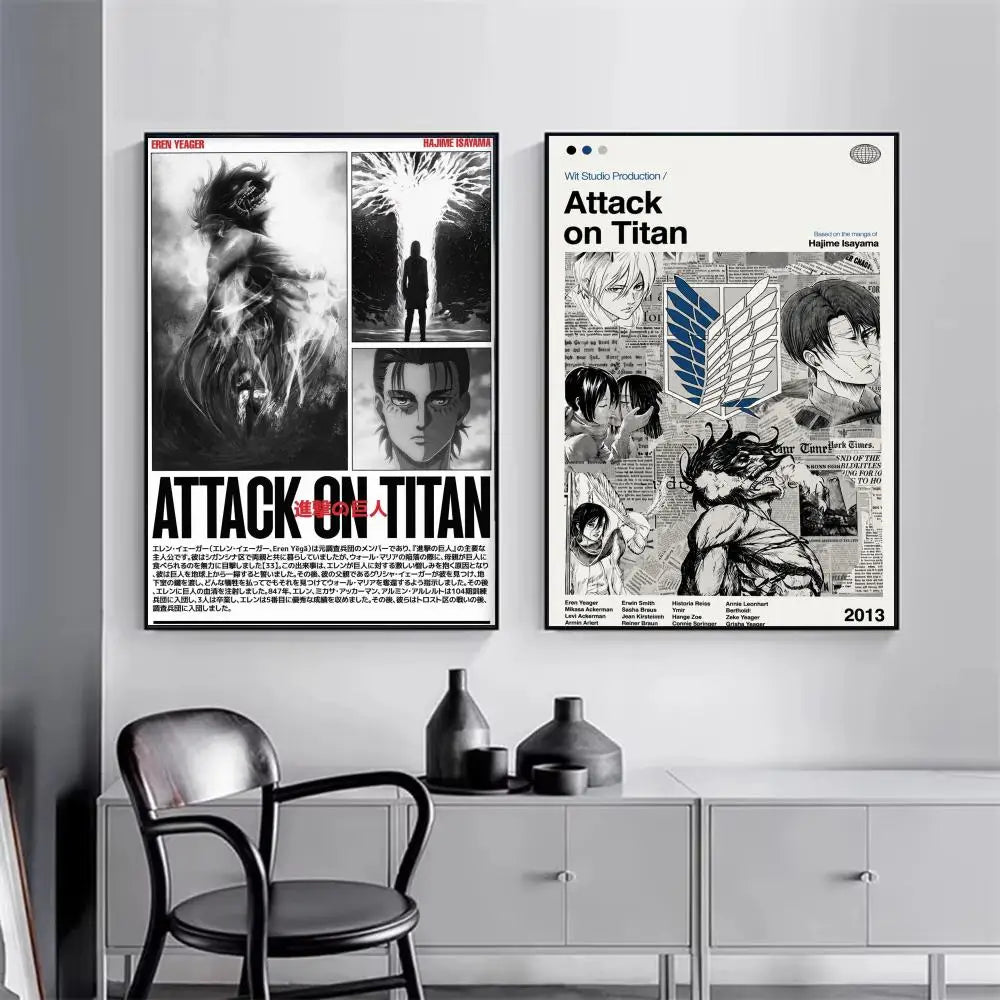 Wall art featuring two posters inspired by Attack on Titan manga and anime characters