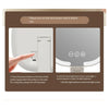Instructional image showing how to turn on the back power switch and adjust the light brightness on an LED makeup mirror.