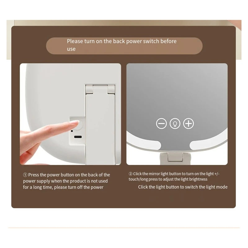 Instructional image showing how to turn on the back power switch and adjust the light brightness on an LED makeup mirror.