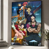 A wall poster featuring characters from Cowboy Bebop, including Spike Spiegel and other figures.