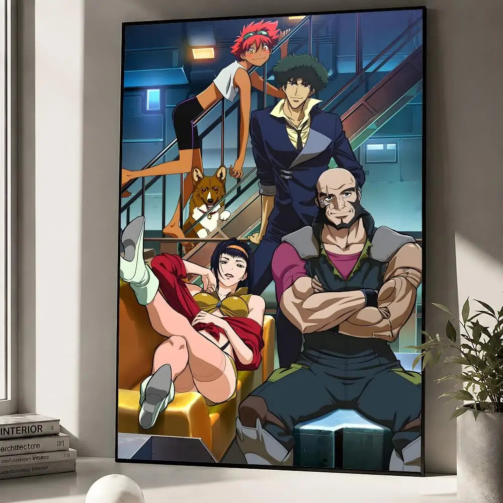 A wall poster featuring characters from Cowboy Bebop, including Spike Spiegel and other figures.