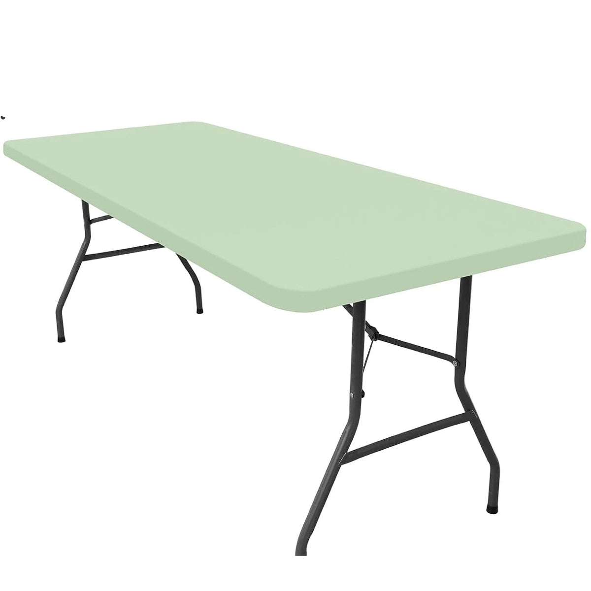 A light green stretch elastic tablecloth cover draped over a rectangular table.