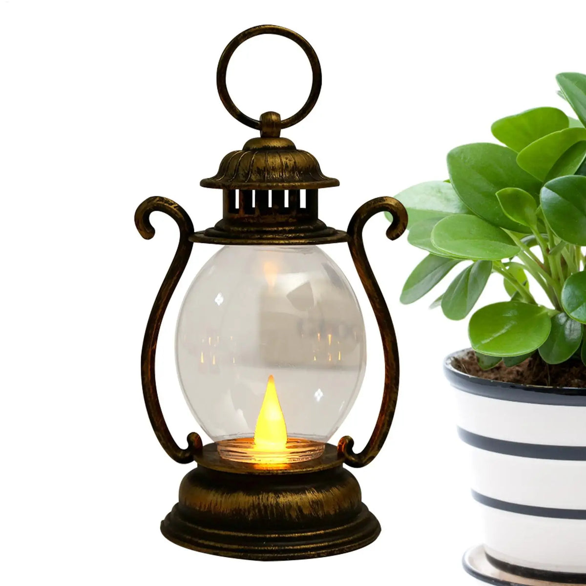 A vintage brass battery-powered desk lamp with an amber glow sits next to a green houseplant.