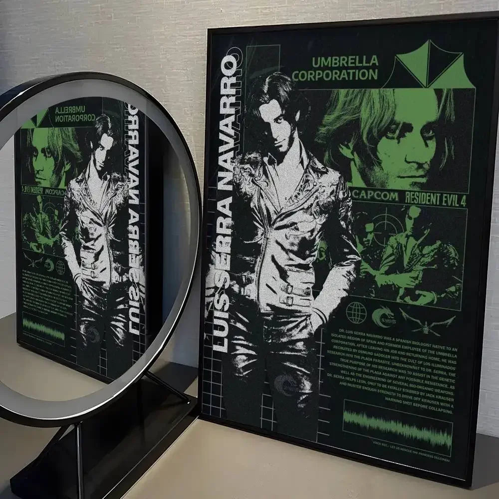A framed poster featuring a character from Resident Evil, titled Luis Serra Navarro, with the Umbrella Corporation logo.