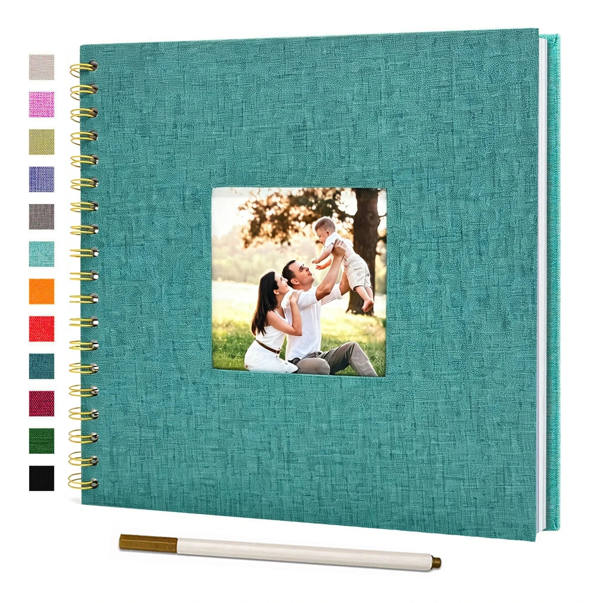 A teal linen cover scrapbook album with a square photo insert and a gold-colored pen.