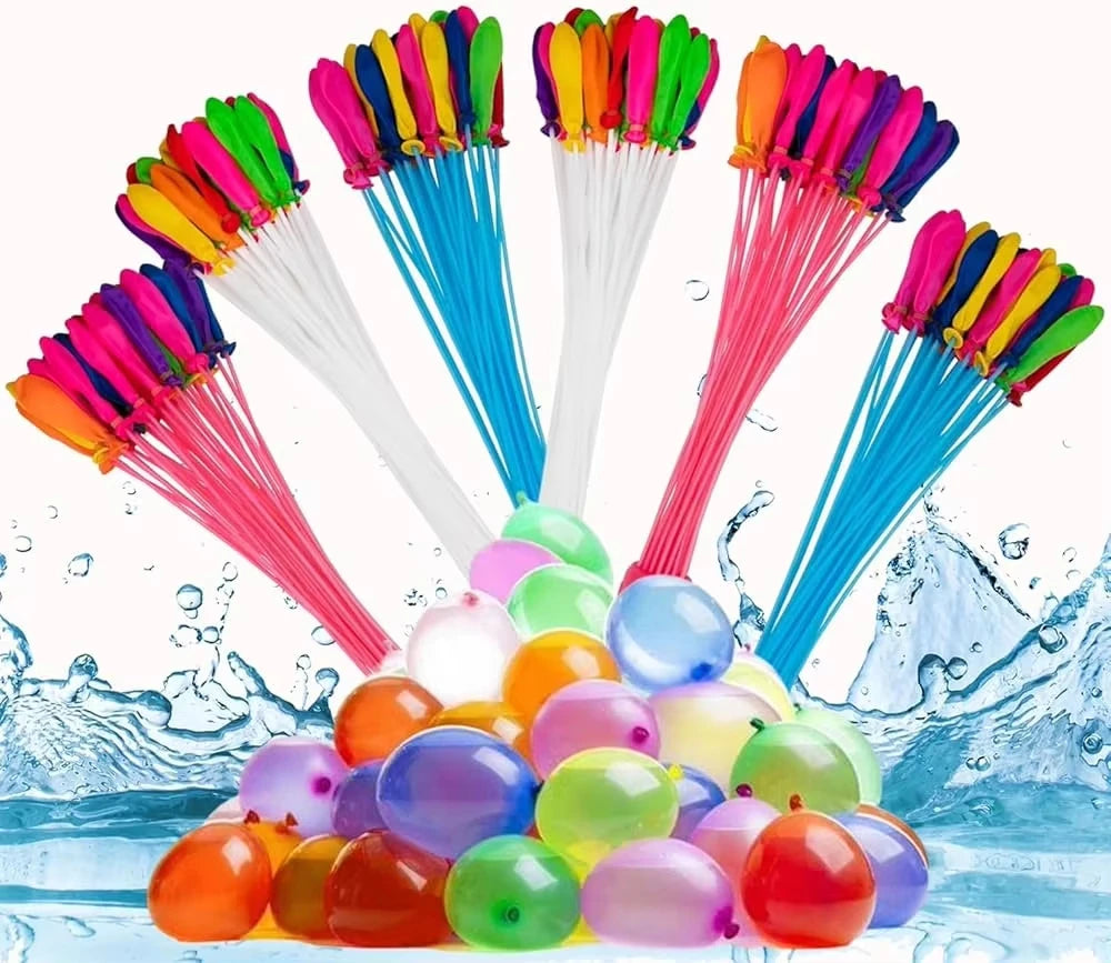 A collection of colorful water balloon fillers with self-tie function and various colored water balloons splashing in water.