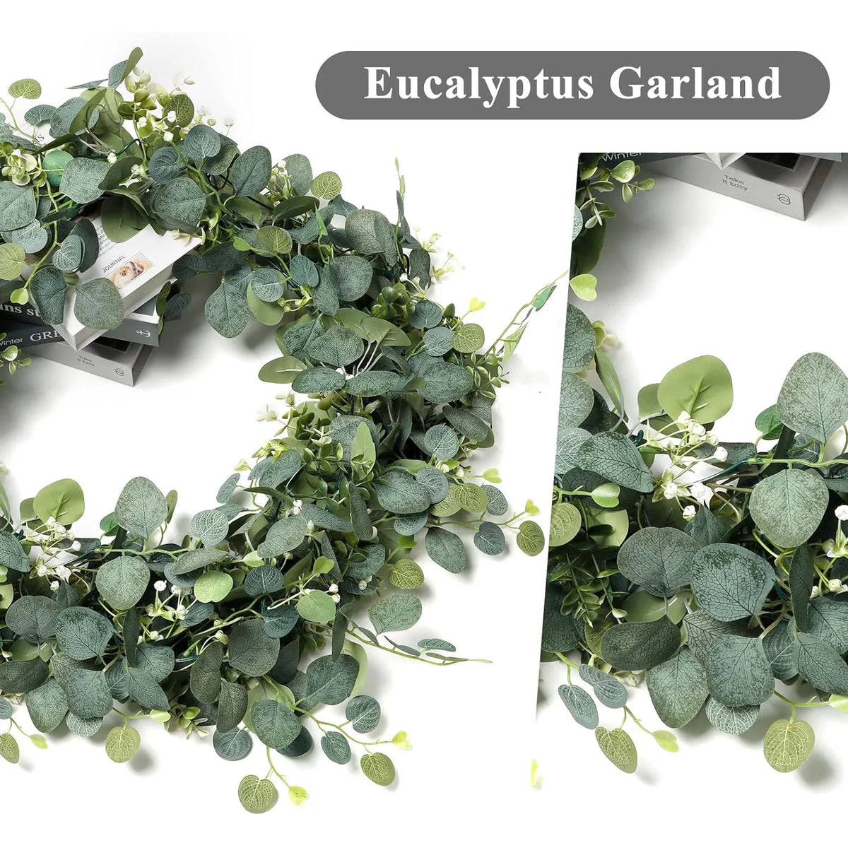 A green eucalyptus garland featuring silvery-green leaves and small white flowers for decoration.