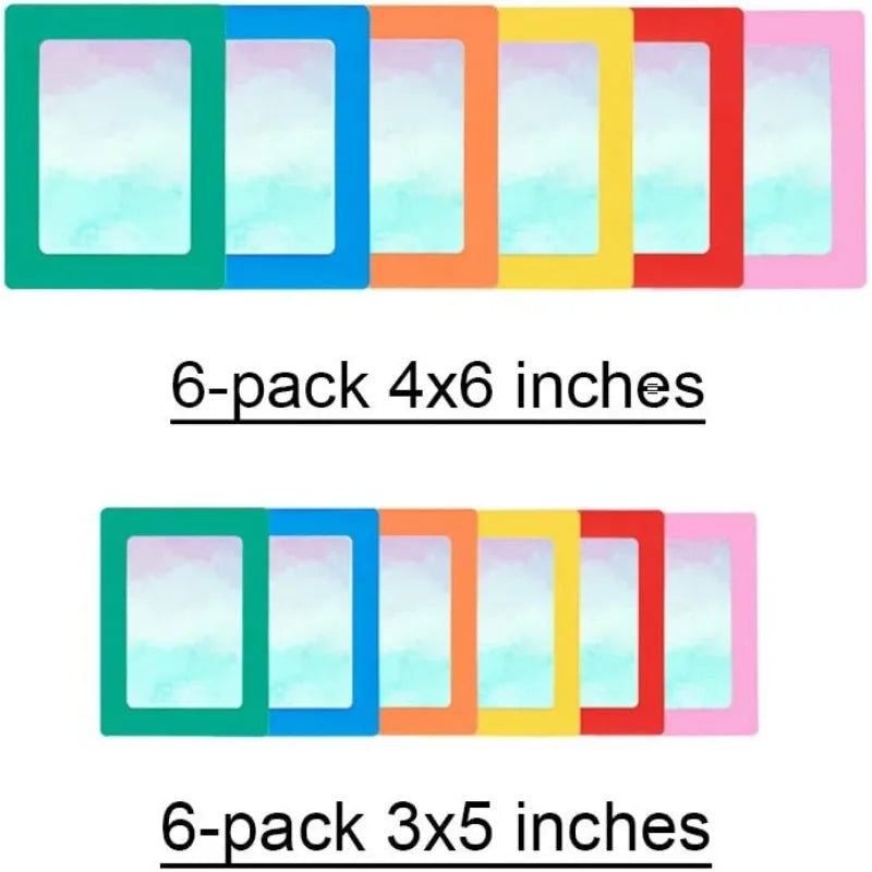 A collection of magnetic photo frames in various colors and sizes, including 6-pack 4x6 inches and 6-pack 3x5 inches.