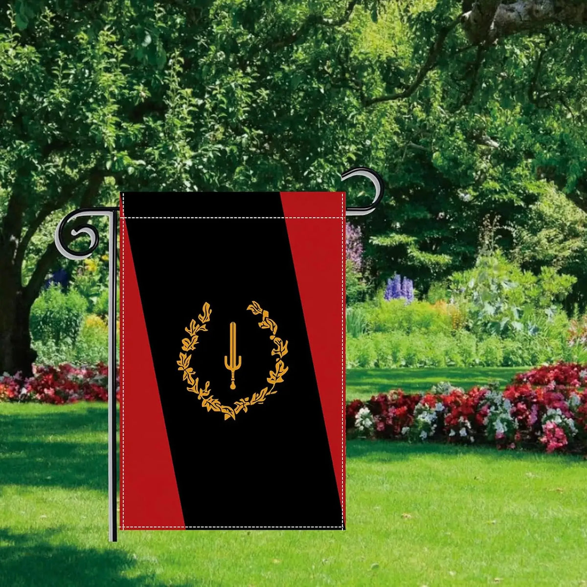 A black heritage garden flag with a red and black vertical stripe design.