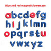 Blue and red magnetic lowercase alphabet letters and numbers