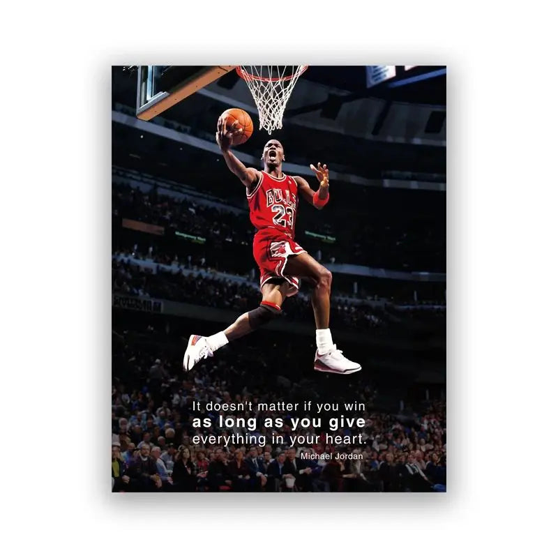 A basketball player is mid-air performing a slam dunk during a game.