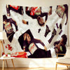 Bold wall art featuring a stylized flag design with red and black elements on a white background