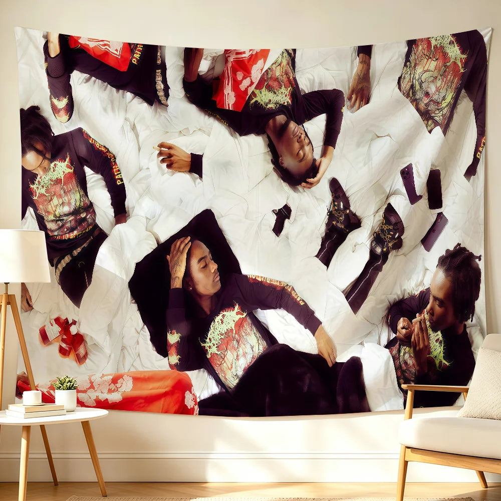Bold wall art featuring a stylized flag design with red and black elements on a white background