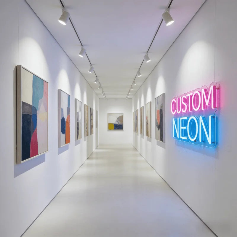 A brightly lit gallery hallway featuring framed artwork and a neon sign that reads CUSTOM NEON