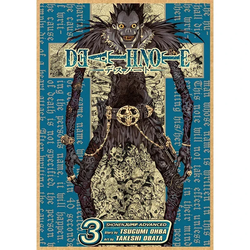 Death Note Vintage Anime Canvas Wall Art featuring a dark, menacing figure with spiky hair and a cross design.