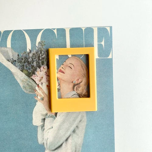 A yellow photo frame displaying a woman's portrait is set against a blue background with large text.
