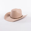 A light pink wool cowboy hat with a brown studded leather band.