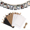 Set de marcos para fotos DIY con clips y cuerda, mostrando varias fotos enmarcadas colgadas en una cuerda