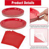 A set of red paper tableware including dinner plates, napkins, and cutlery shown in various views.